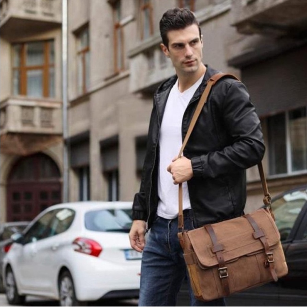 Brown Leather/Canvas Laptop Computer Bag Briefcase Messenger